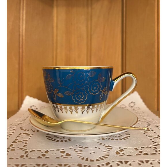 Vintage Teal Blue Gold Mismatched Teacup Saucer Gold Spoon MZ Czechoslovakia - Picture 1 of 10